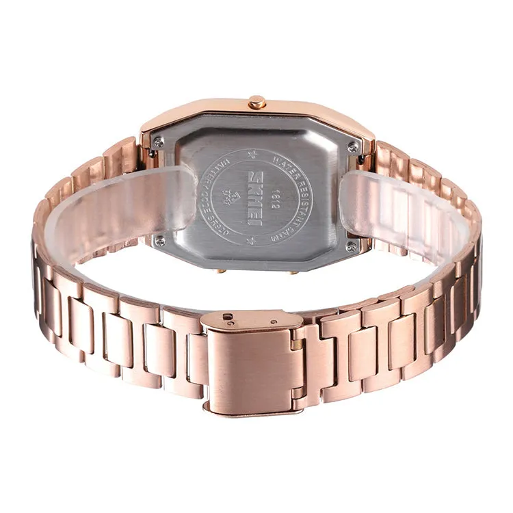 SKMEI 1612 Rectangle Gold Watch w/ Analog Digital Moment & Stainless Steel Band