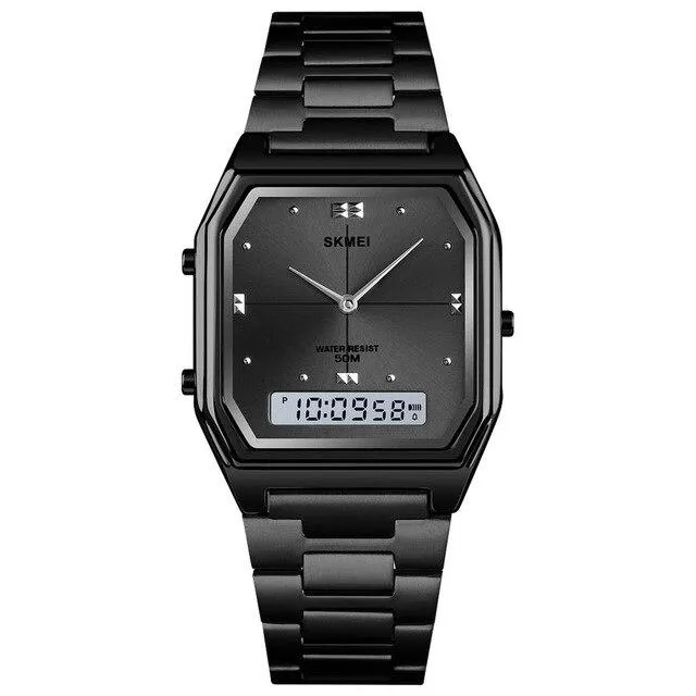 SKMEI 1612 Rectangle Gold Watch w/ Analog Digital Moment & Stainless Steel Band