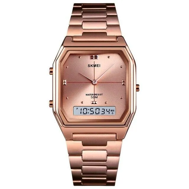 SKMEI 1612 Rectangle Gold Watch w/ Analog Digital Moment & Stainless Steel Band