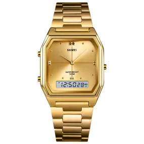SKMEI 1612 Rectangle Gold Watch w/ Analog Digital Moment & Stainless Steel Band