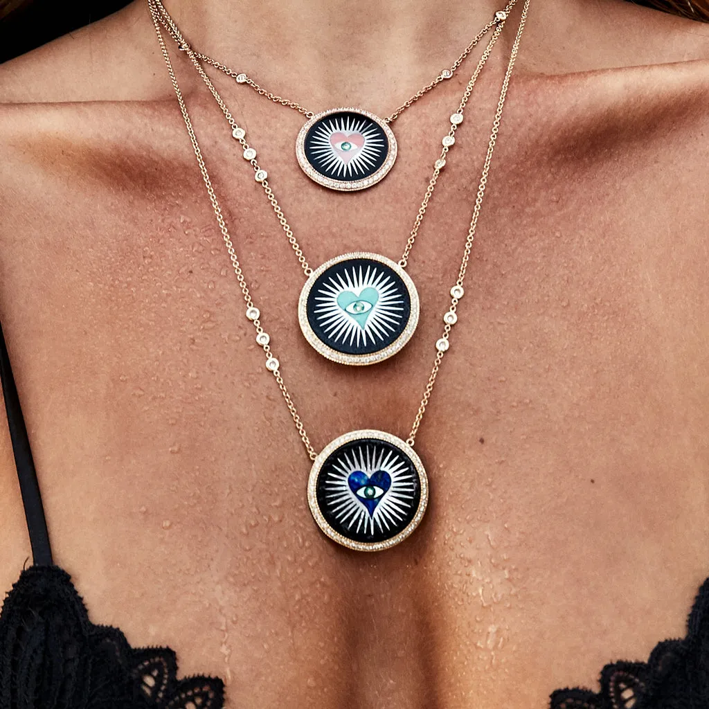 SMALL PAVE ROUND ONYX INLAY PINK HEART BURST NECKLACE