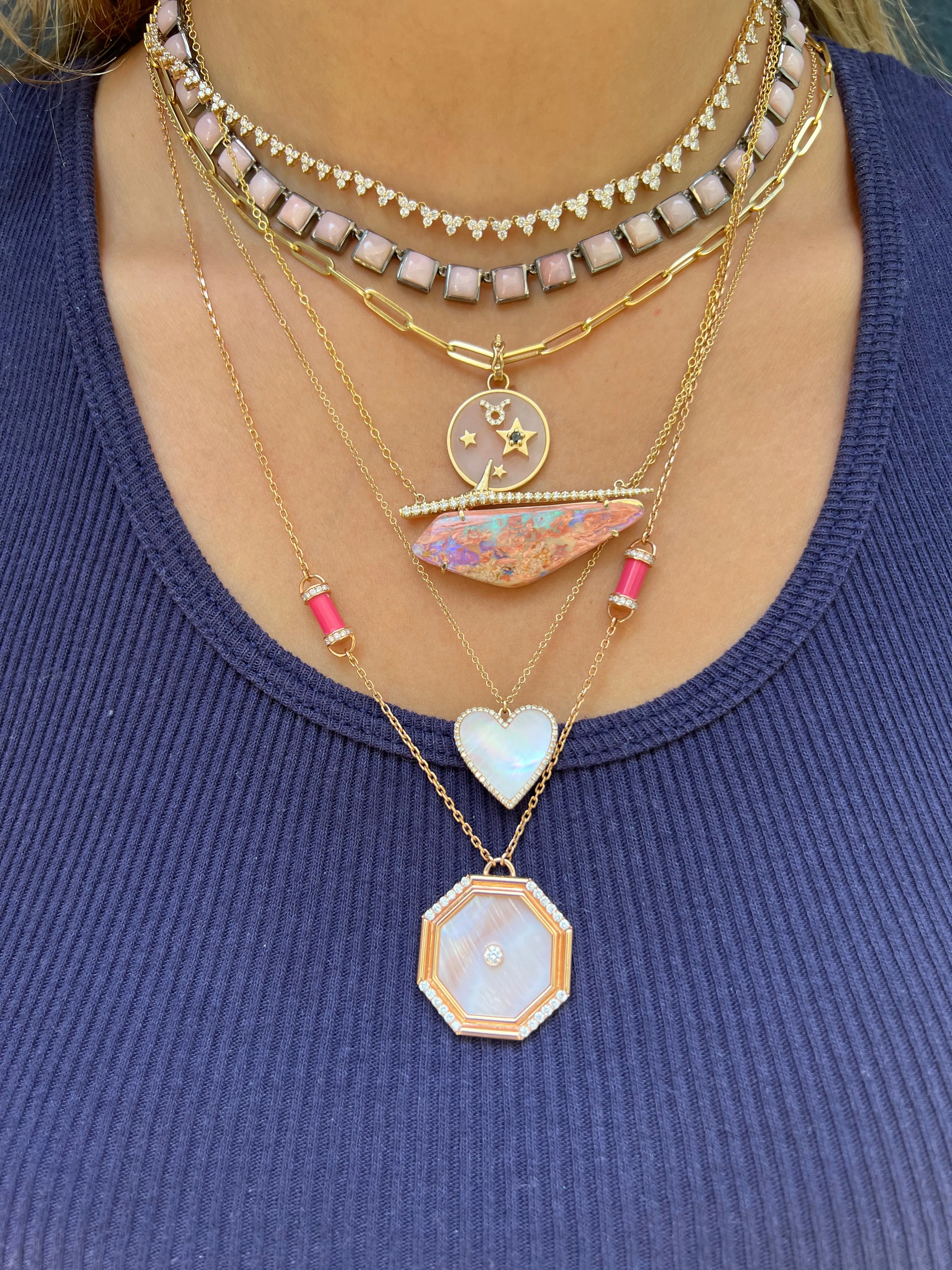 Small Pink Opal Tile Rivière Necklace