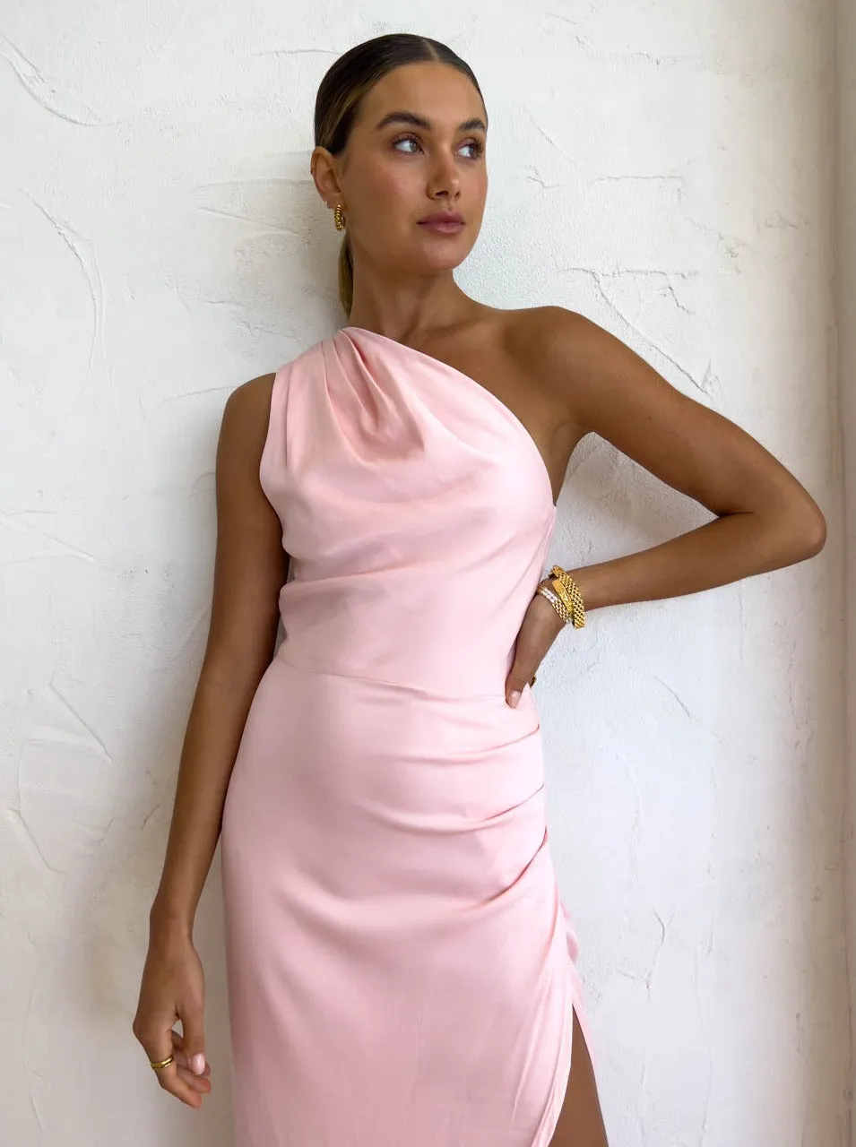 Sofia The Label May Draped One Shoulder Gown in Baby Pink