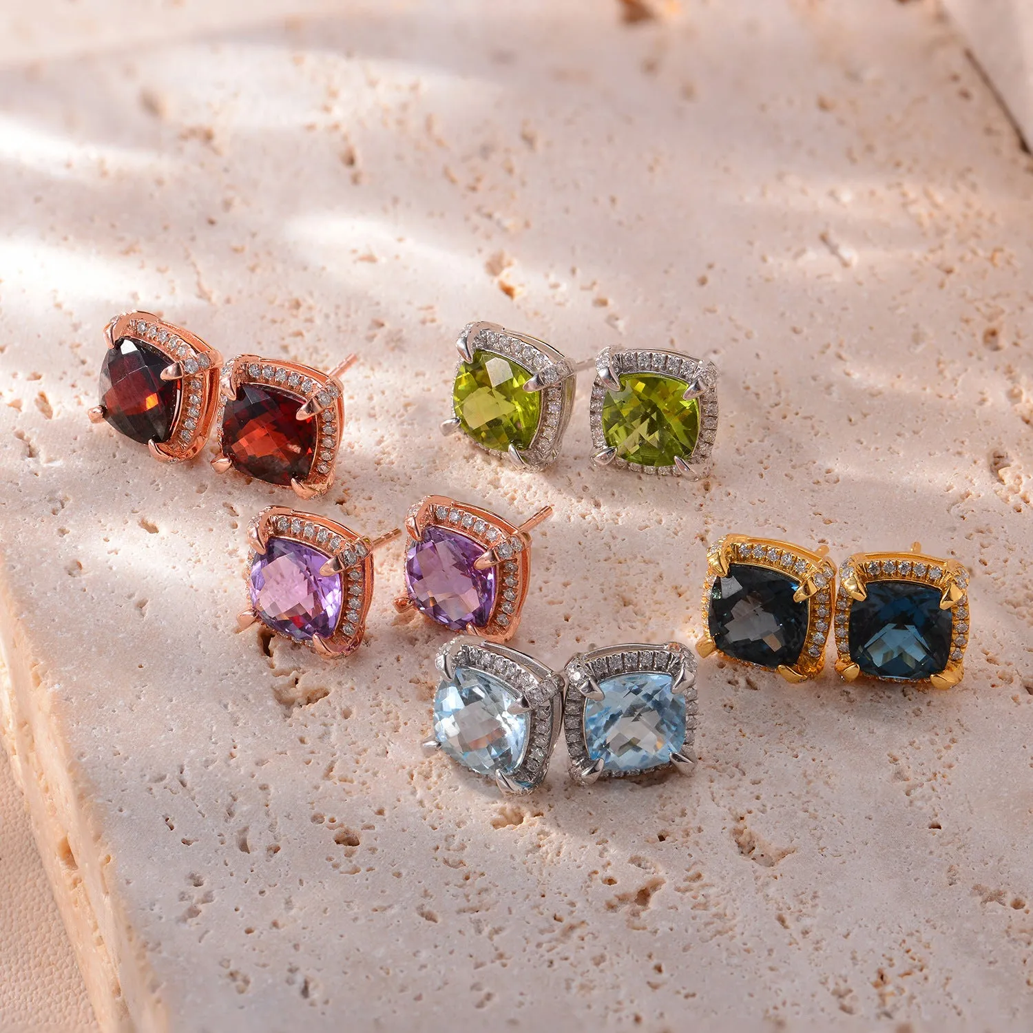 Soleste Halo Square Natural Blue Topaz Silver Stud Earrings