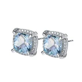 Soleste Halo Square Natural Blue Topaz Silver Stud Earrings
