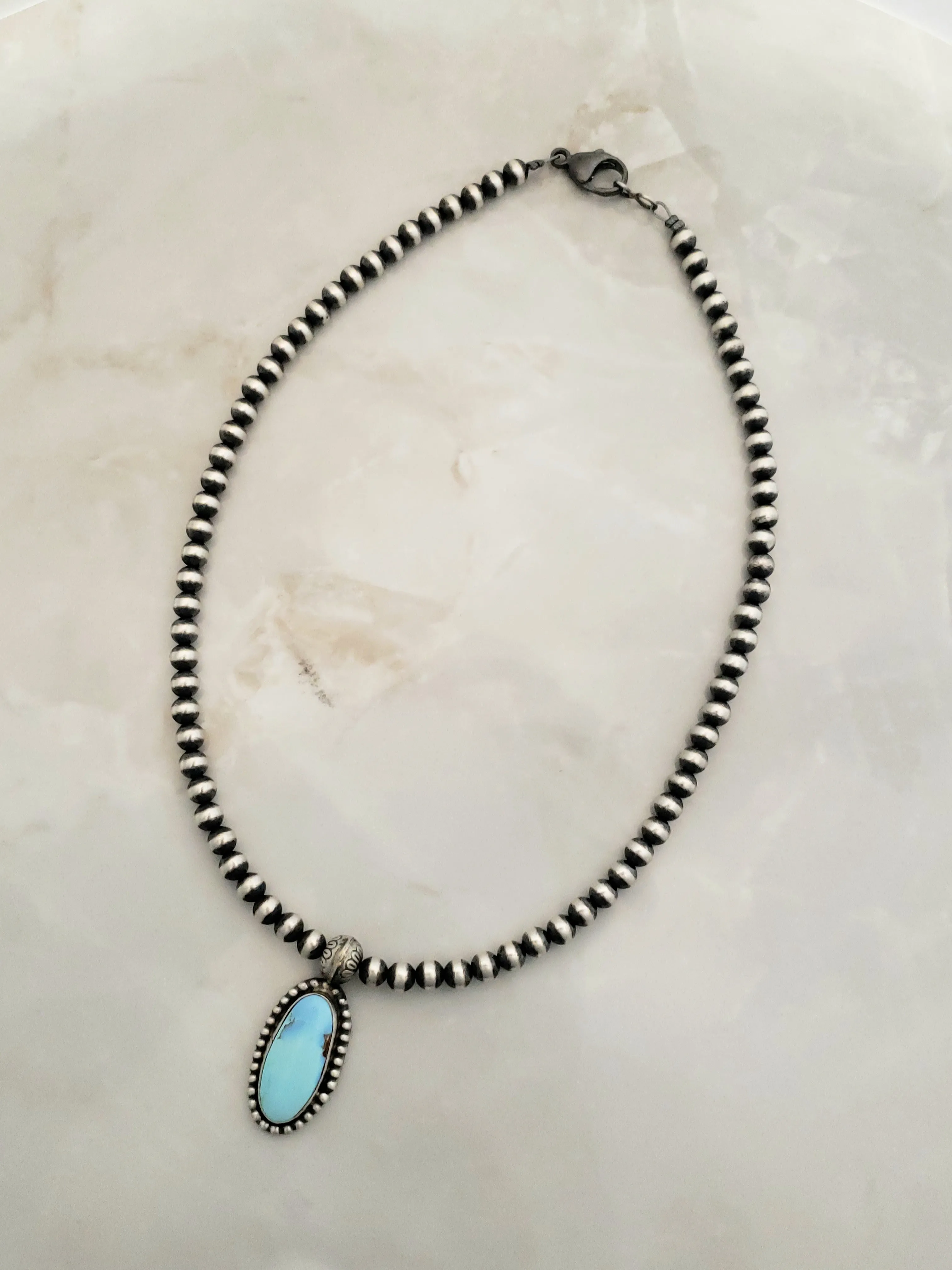 Stamped Sterling Silver Golden Hills Turquoise Navajo Pearl Beaded Necklace