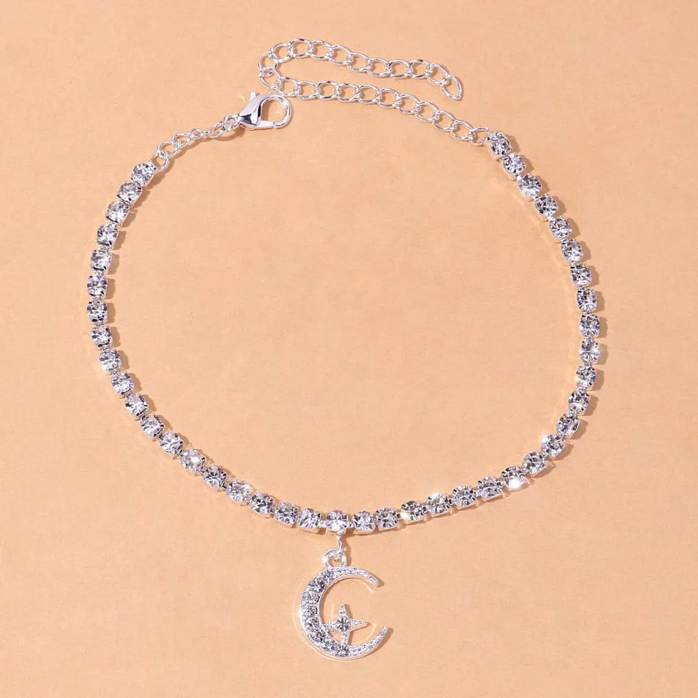 Star in Moon Crescent 925 Silver Anklet
