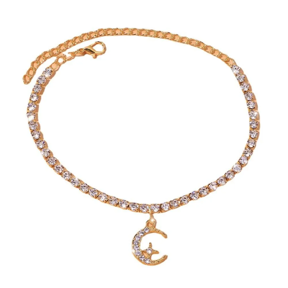 Star in Moon Crescent 925 Silver Anklet