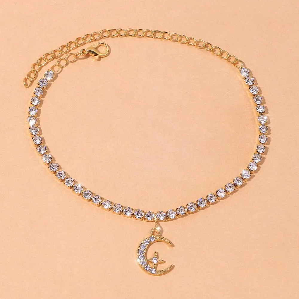 Star in Moon Crescent 925 Silver Anklet