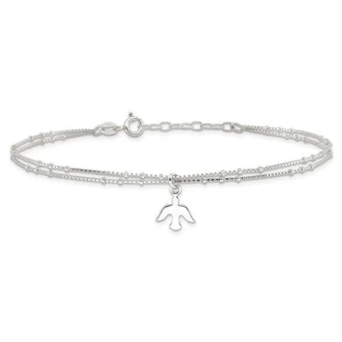 Sterling Silver Double Strand Beaded Dove Anklet