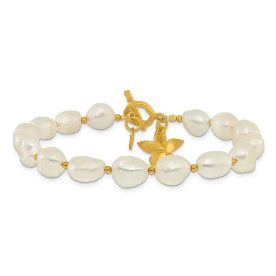 Sterling Silver Gold-plated Freshwater Pearl Flower 7.5in Toggle Bracelet