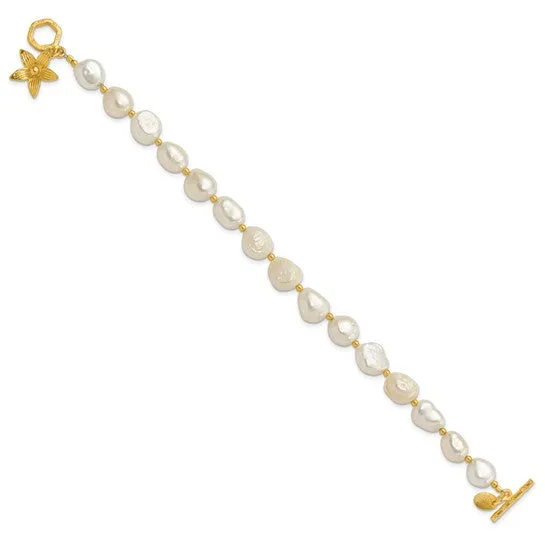 Sterling Silver Gold-plated Freshwater Pearl Flower 7.5in Toggle Bracelet