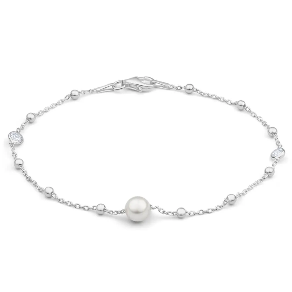 Sterling Silver Simulated Pearl   Zirconia Fancy Bracelet 19cm