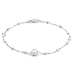 Sterling Silver Simulated Pearl   Zirconia Fancy Bracelet 19cm