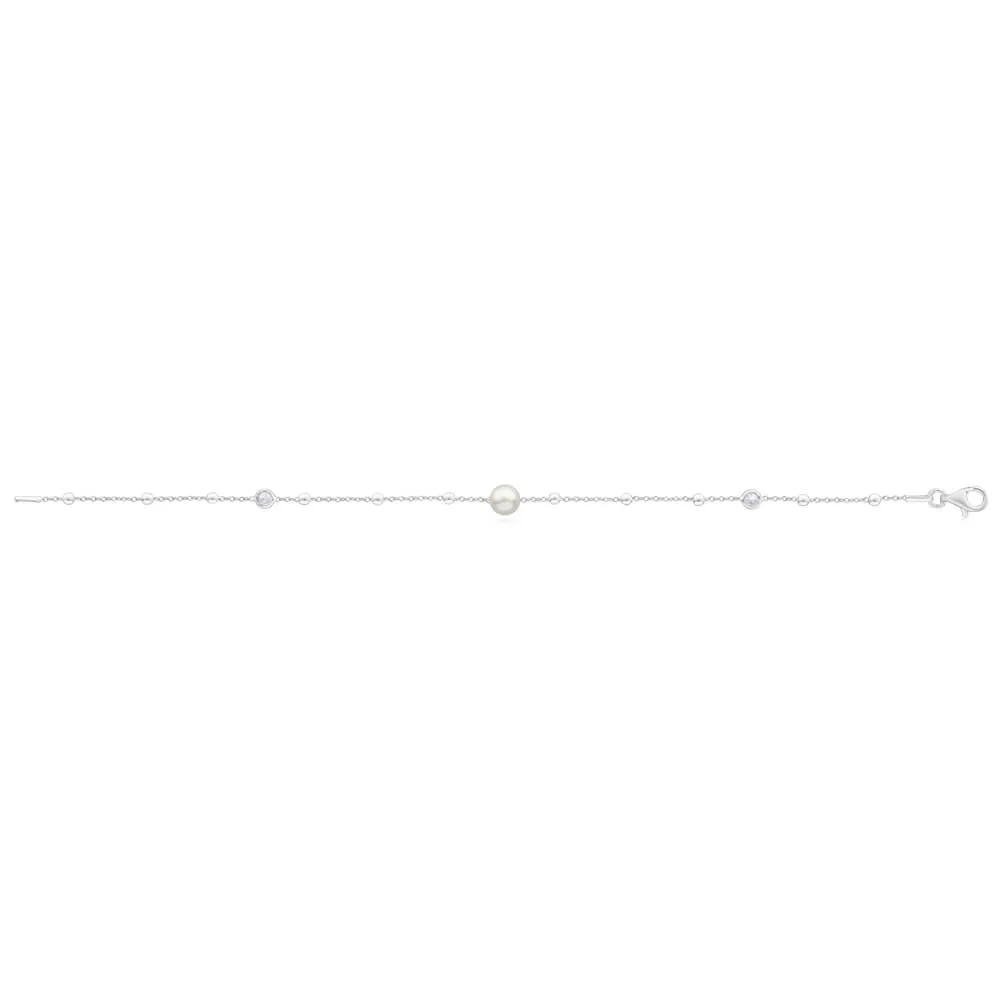 Sterling Silver Simulated Pearl   Zirconia Fancy Bracelet 19cm