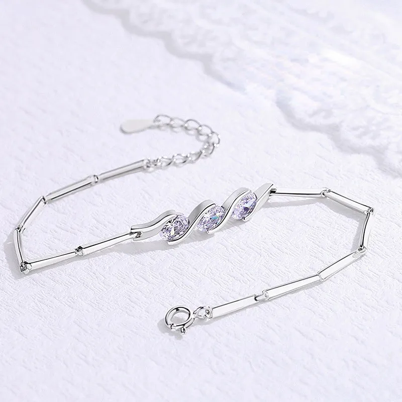 Three Zircon Bamboo Design Silver Bracelet for Women
