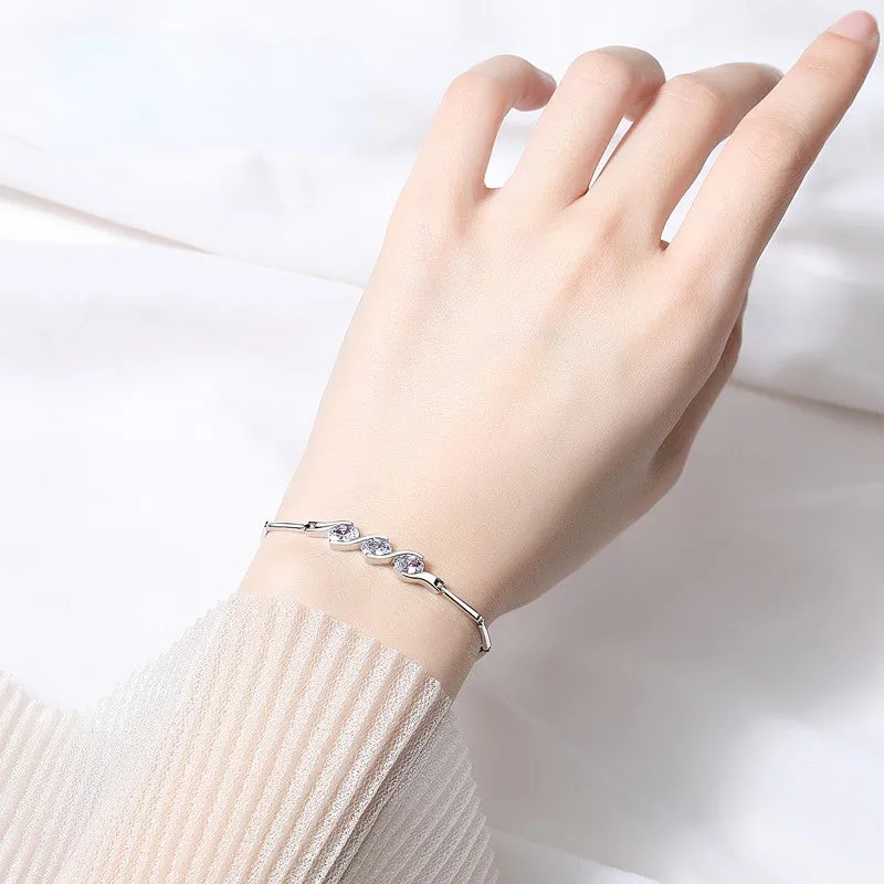 Three Zircon Bamboo Design Silver Bracelet for Women