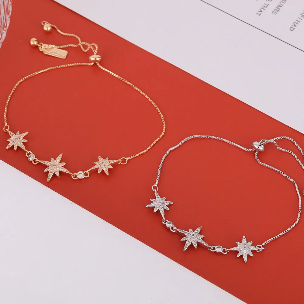 Three Zircon Octagonal Stars Silver Bracelet for Women
