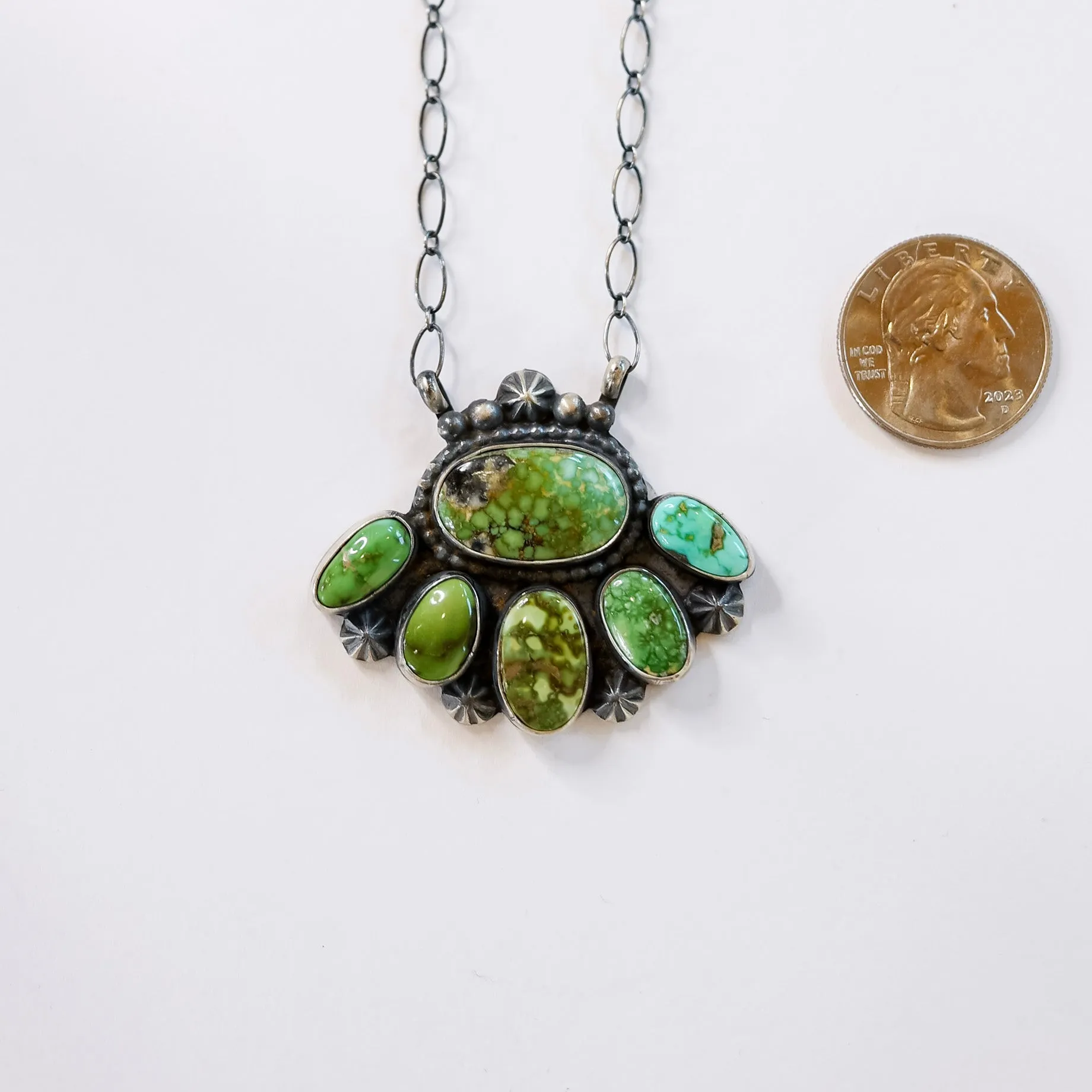 Timothy Yazzie | Navajo Handmade Sterling Silver Stone Cluster Pendant Necklace in Sonoran Gold Turquoise