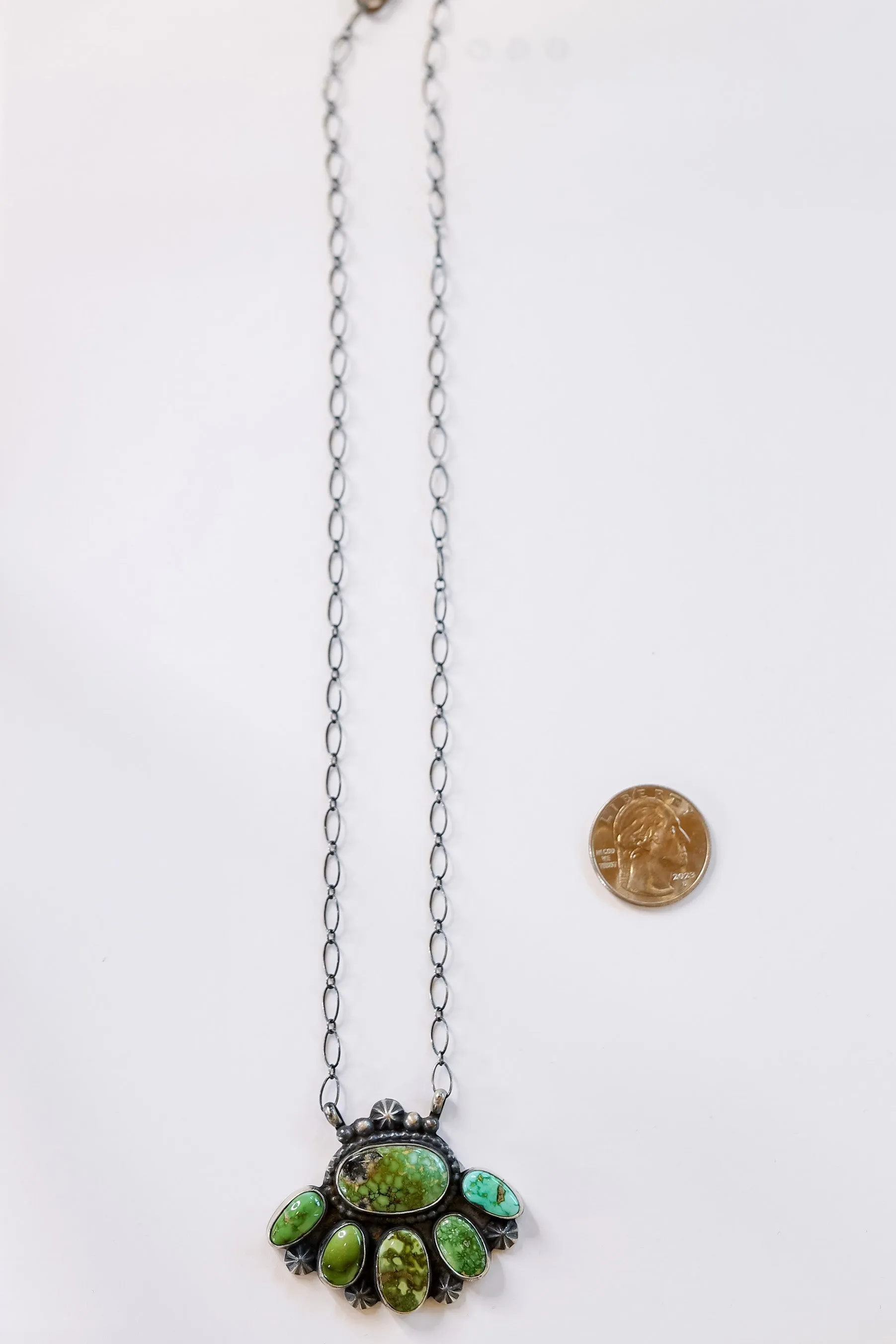 Timothy Yazzie | Navajo Handmade Sterling Silver Stone Cluster Pendant Necklace in Sonoran Gold Turquoise