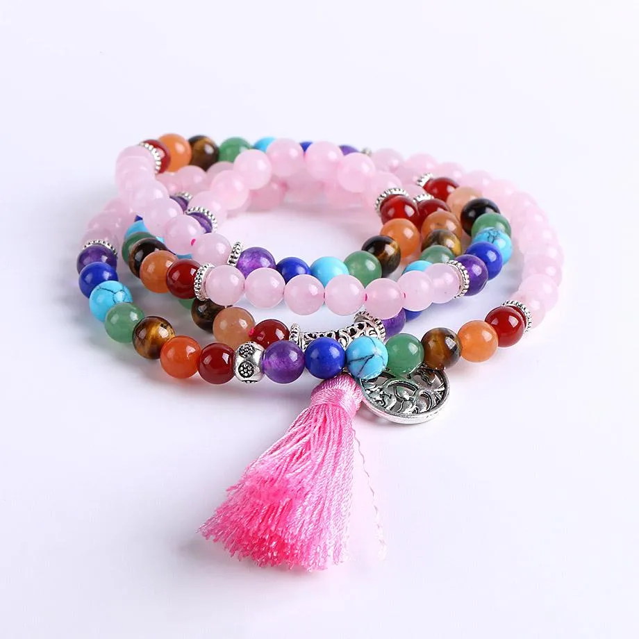 Tree of Life 7 Chakra Rose Quartz 108 Mala Beads Bracelet