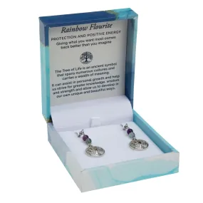 Tree of Life Duo Earrings- Rainbow Fluorite Rhodium