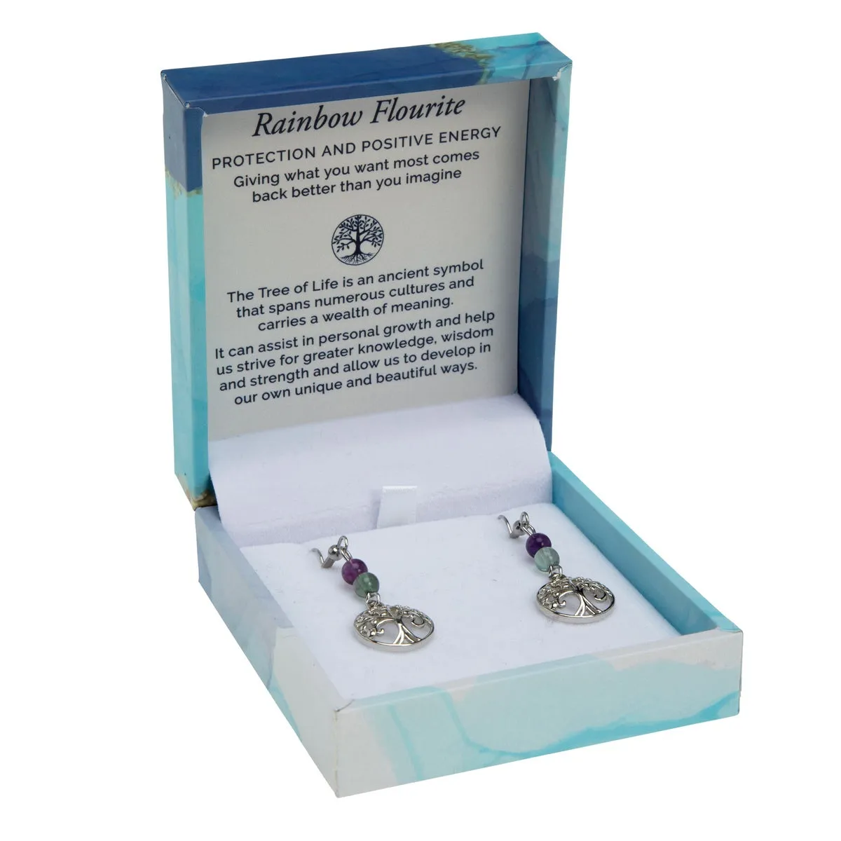 Tree of Life Duo Earrings- Rainbow Fluorite Rhodium