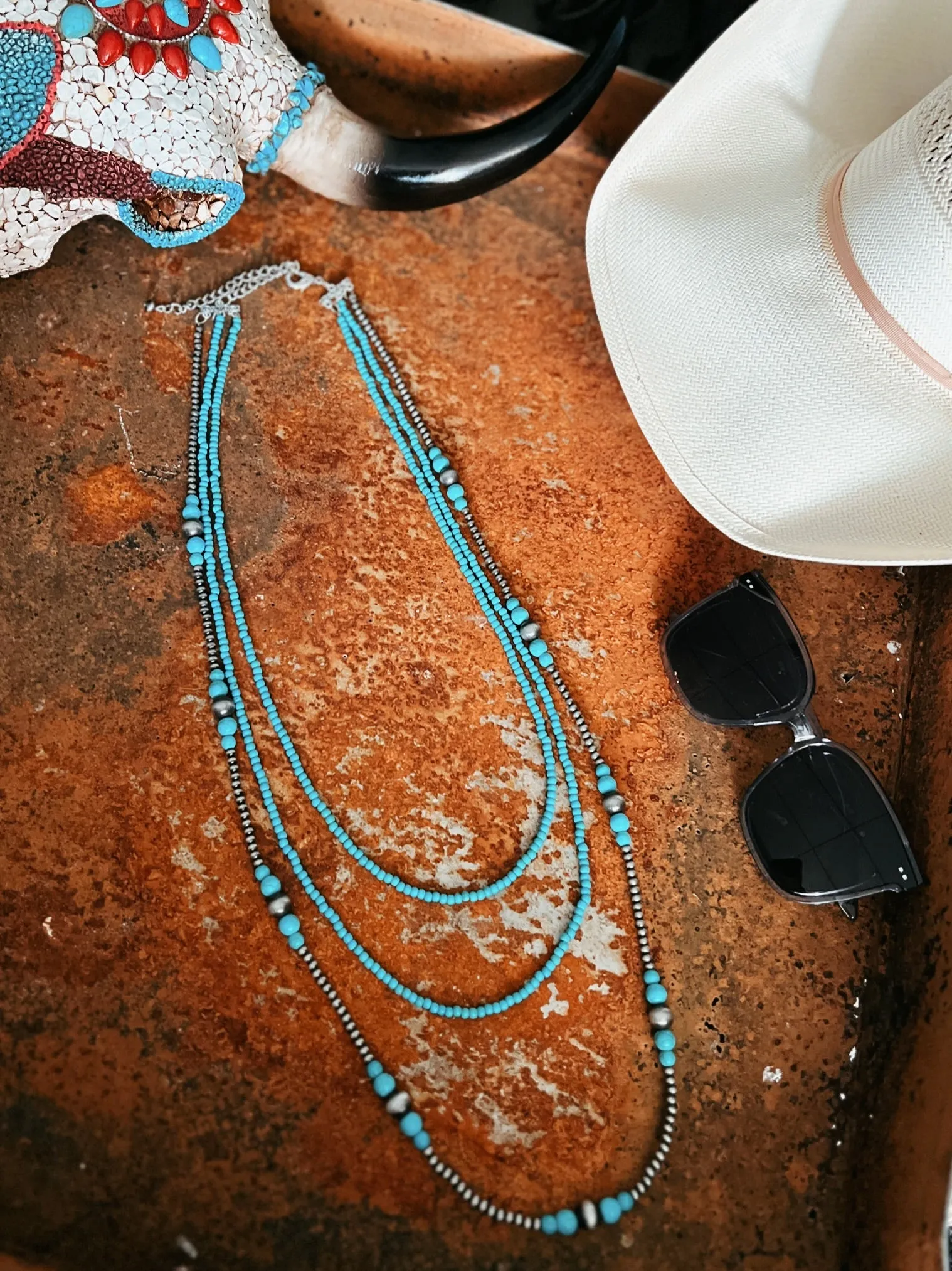 Triple Strand Turquoise And Navajo Inspired Necklace
