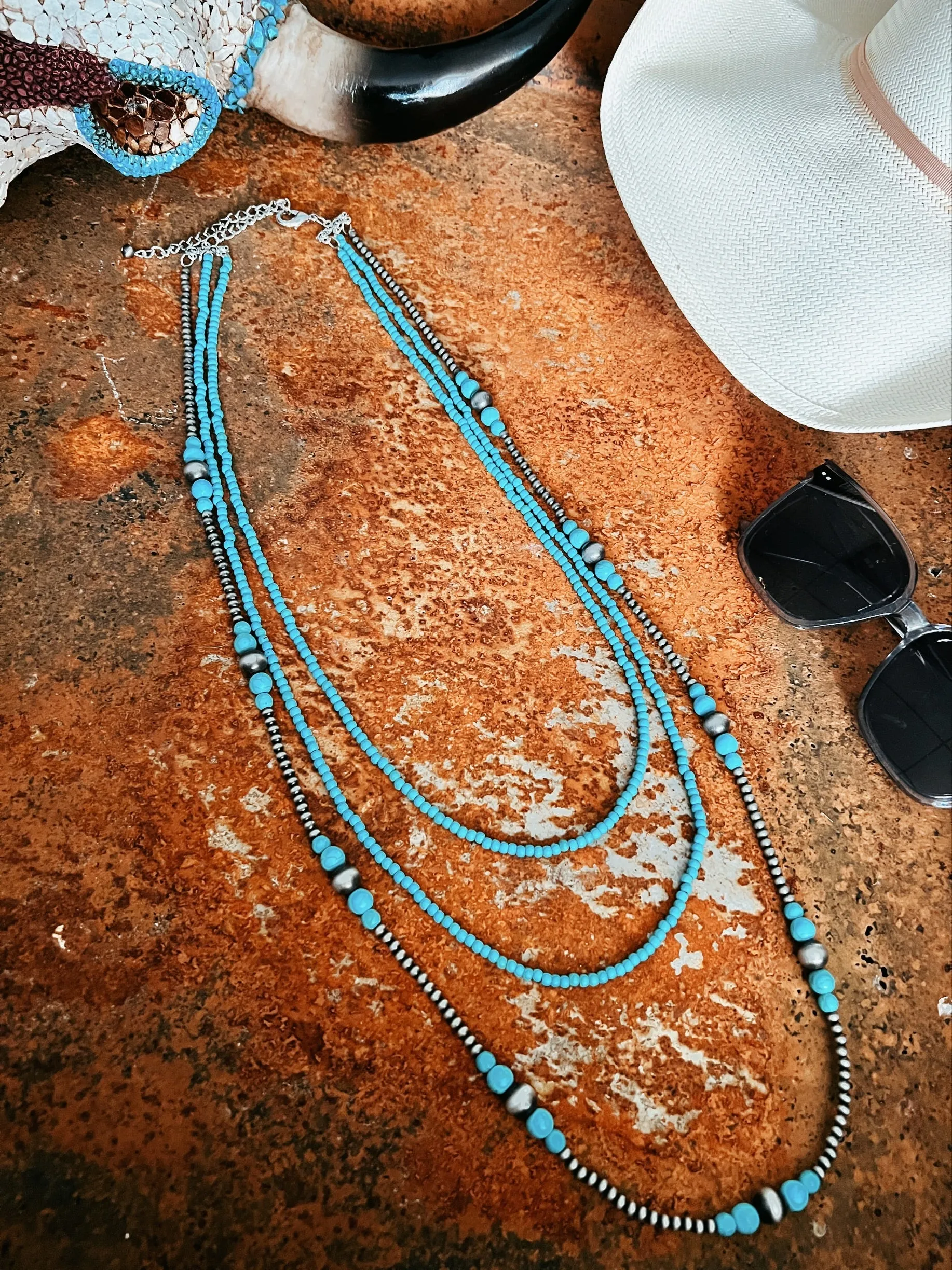 Triple Strand Turquoise And Navajo Inspired Necklace