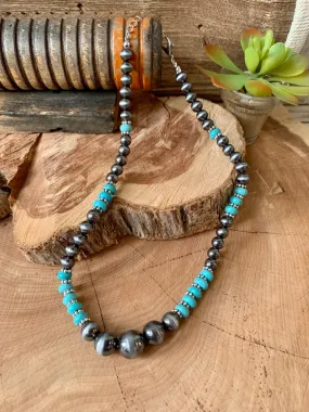 Turquoise & Silver Pearl Graduated Necklace