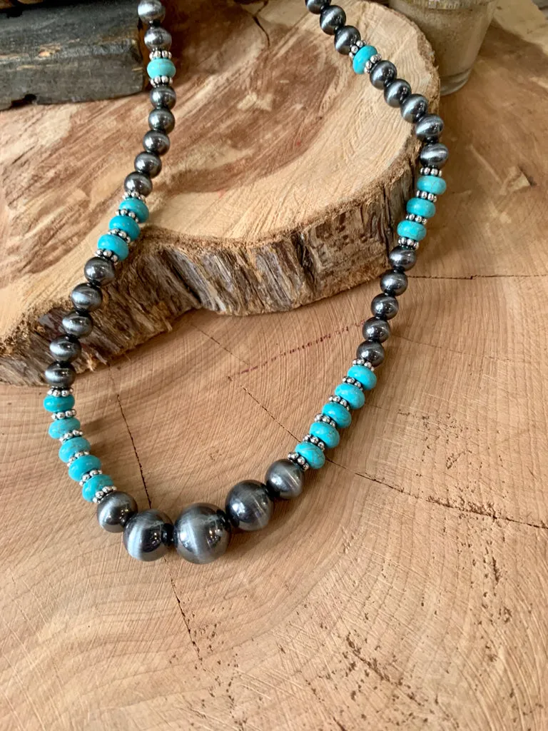 Turquoise & Silver Pearl Graduated Necklace