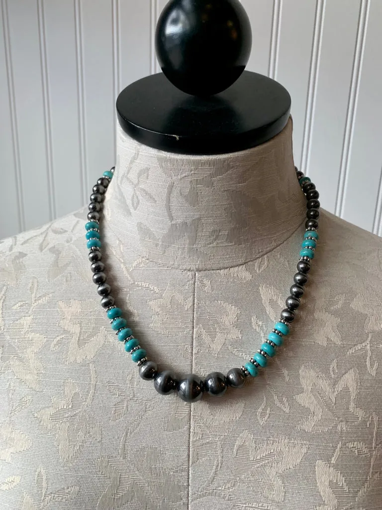 Turquoise & Silver Pearl Graduated Necklace