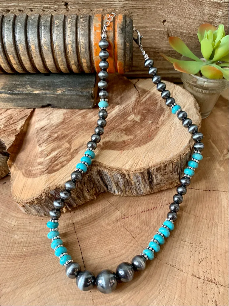 Turquoise & Silver Pearl Graduated Necklace