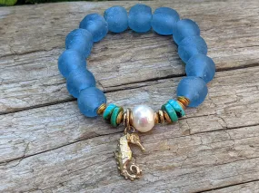 Turquoise, Sea Glass & White Edison Pearl Elastic Bracelet with Seahorse Charm