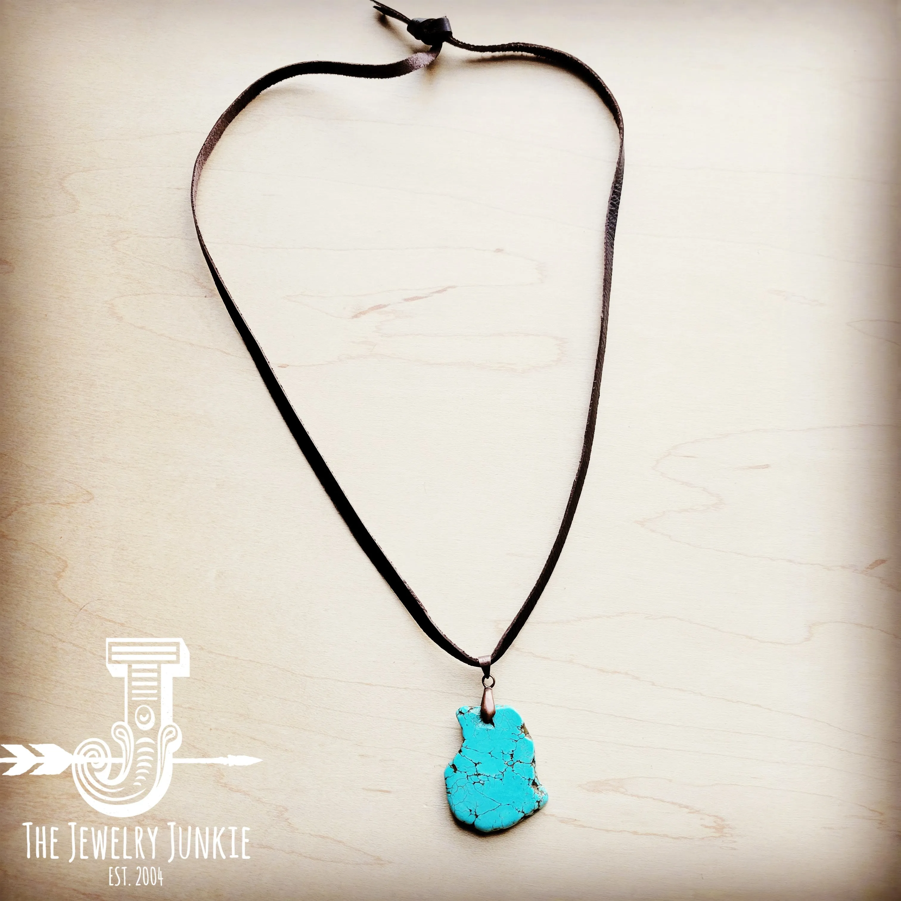 Turquoise Slab Pendant on Leather Cord Necklace 254d