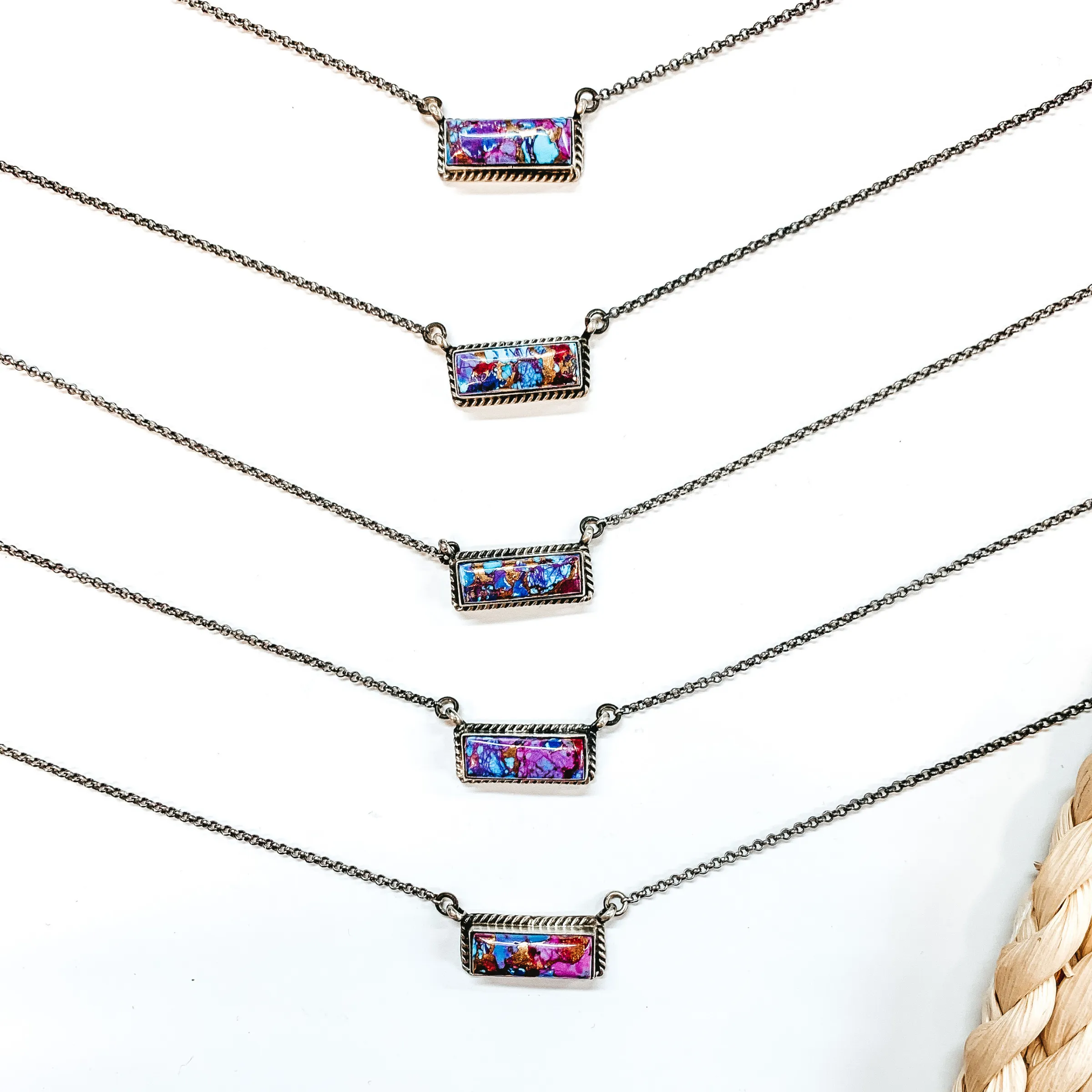 Vernon Kee | Navajo Handmade Sterling Silver Chain Necklace with Remix Mojave Turquoise Stone and Rope Detailing Bar