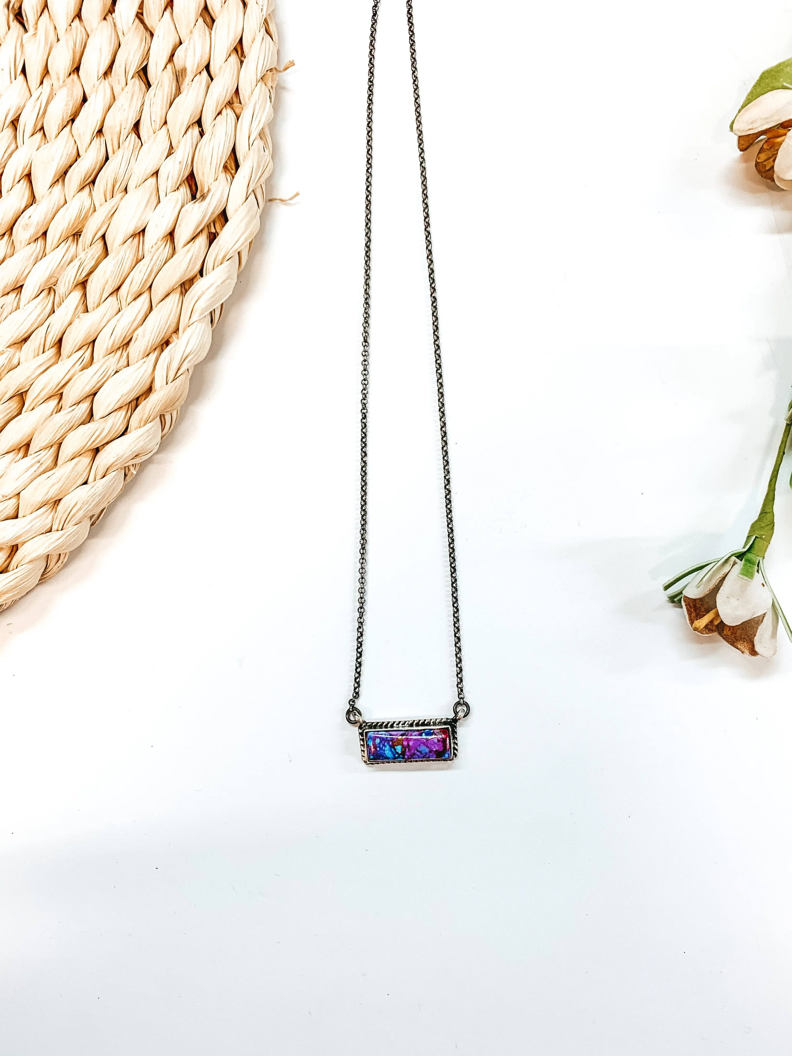 Vernon Kee | Navajo Handmade Sterling Silver Chain Necklace with Remix Mojave Turquoise Stone and Rope Detailing Bar