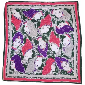 Vintage 1940s Silk Scarf Square w Heads Wearing Turban &amp; Snood Hats