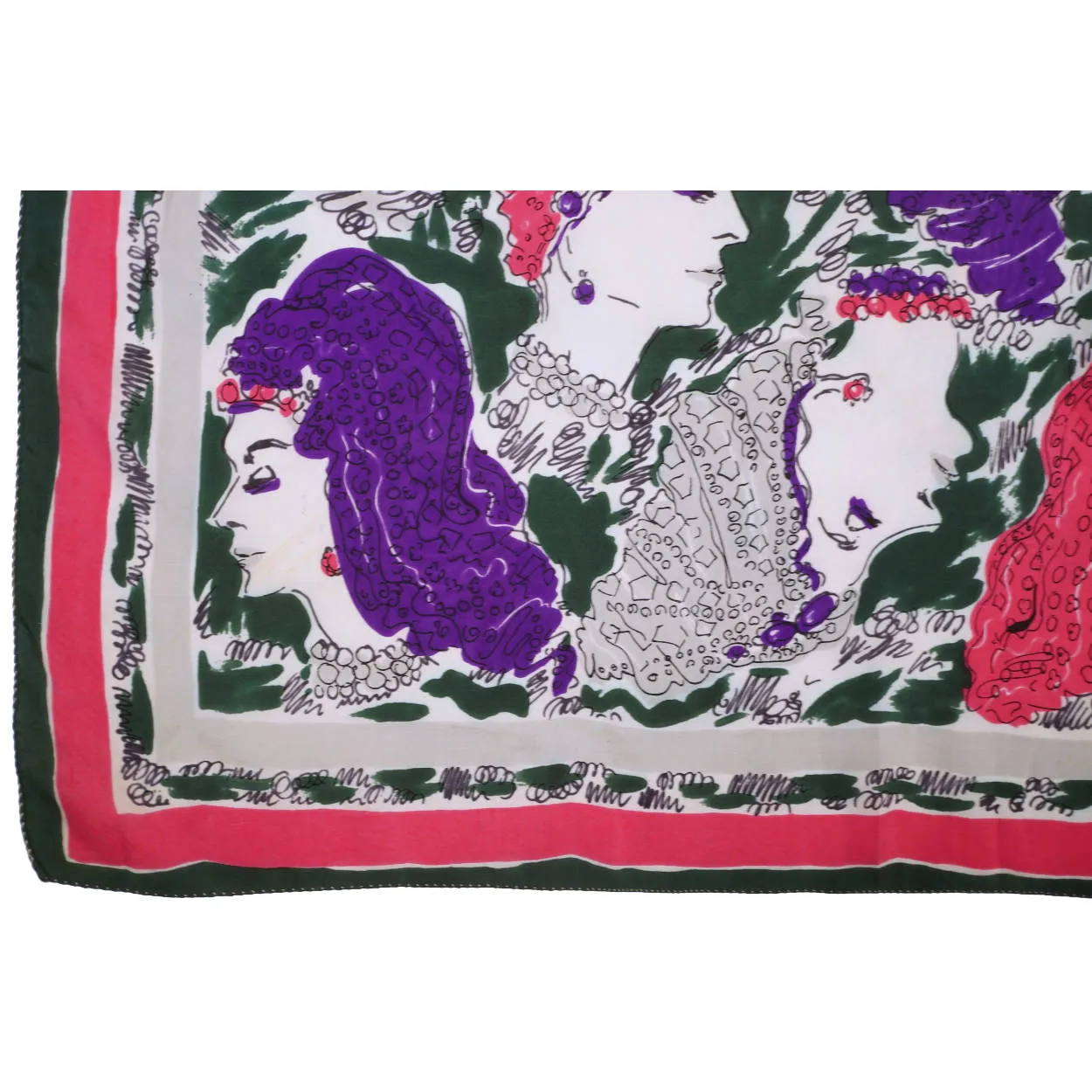 Vintage 1940s Silk Scarf Square w Heads Wearing Turban &amp; Snood Hats