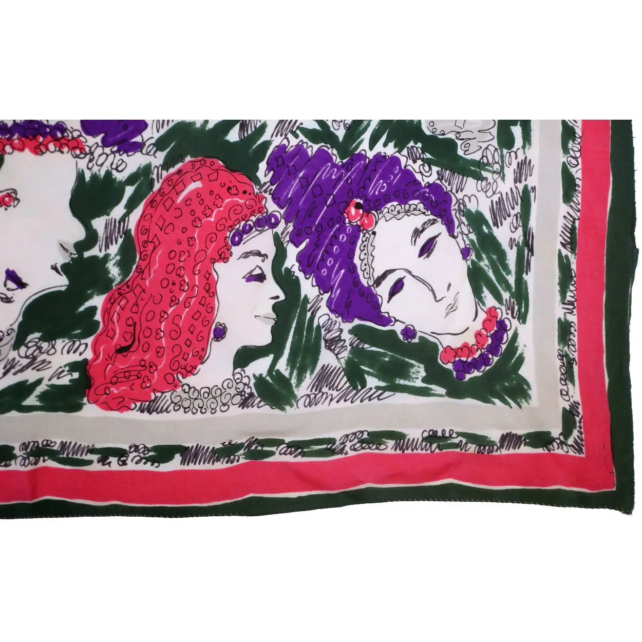 Vintage 1940s Silk Scarf Square w Heads Wearing Turban &amp; Snood Hats