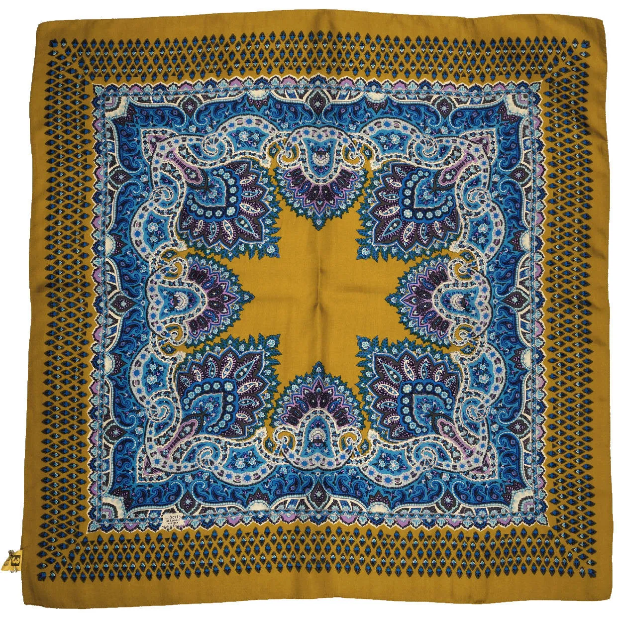 Vintage Liberty of London Ochre Silk Twill Scarf Ornate Pattern w Box 27”
