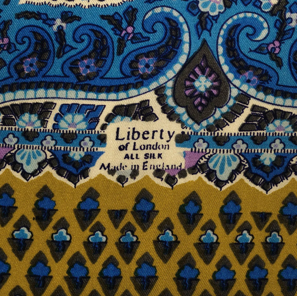 Vintage Liberty of London Ochre Silk Twill Scarf Ornate Pattern w Box 27”
