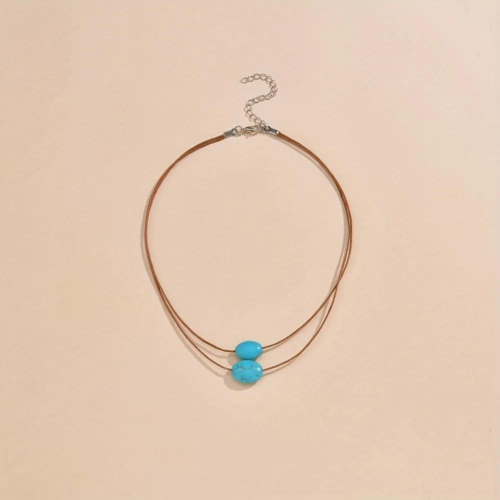 Vintage Turquoise Pendant Double Layer Necklace for Women