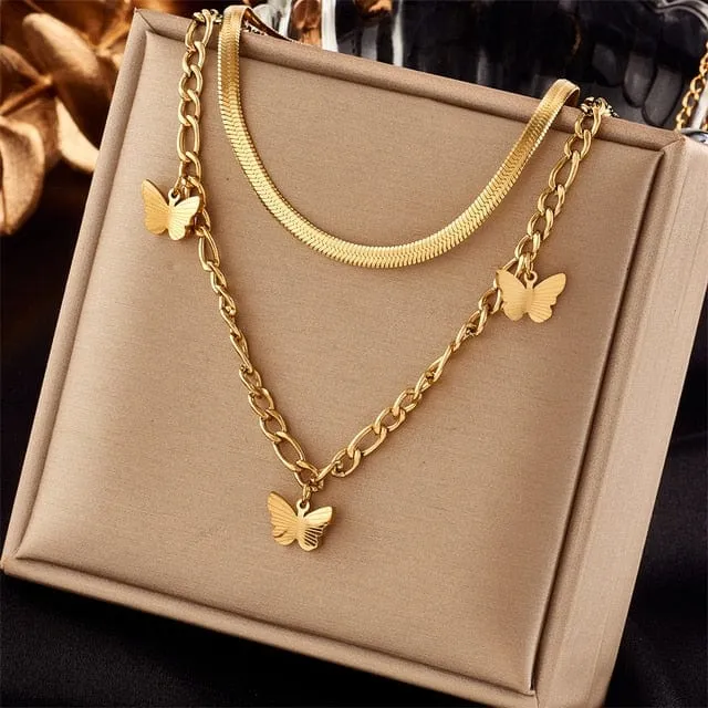 Waterproof Necklaces Dragonfly, Sunflower, Double Strands, Stainless Steel Gold PVD