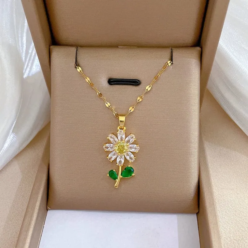 Waterproof Necklaces Dragonfly, Sunflower, Double Strands, Stainless Steel Gold PVD
