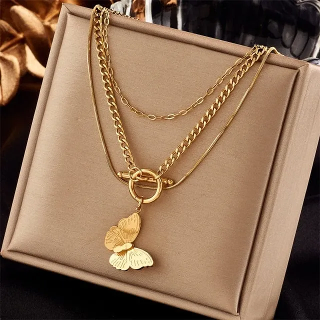 Waterproof Necklaces Dragonfly, Sunflower, Double Strands, Stainless Steel Gold PVD