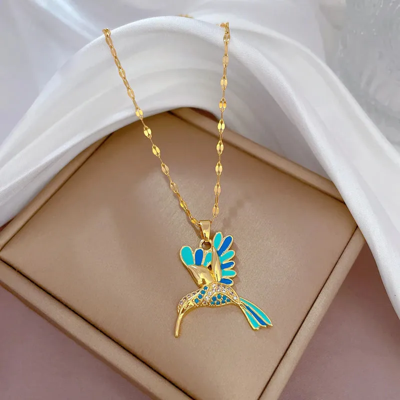 Waterproof Necklaces Dragonfly, Sunflower, Double Strands, Stainless Steel Gold PVD