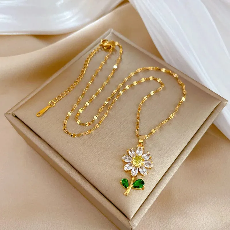 Waterproof Necklaces Dragonfly, Sunflower, Double Strands, Stainless Steel Gold PVD