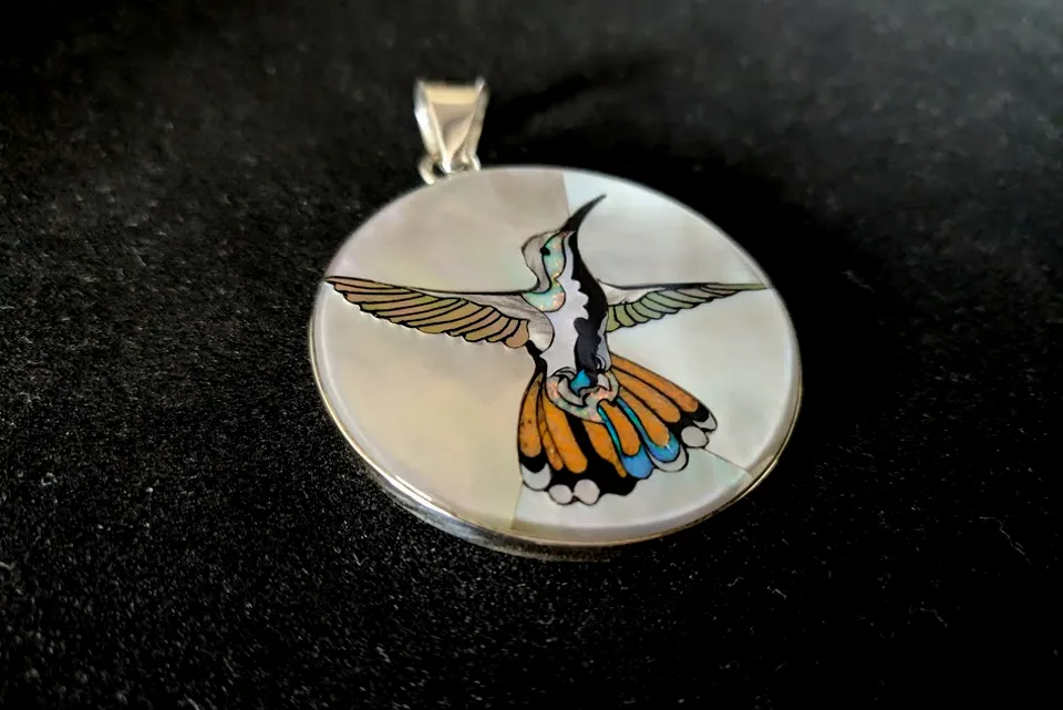 White Hummingbird Inlay Pendant - Sterling Silver Pendant with Mother of Pearl, Jet, Spiny Oyster Shell, and Paua Shell - 13g, 1.5" Diameter (Excluding Bail)