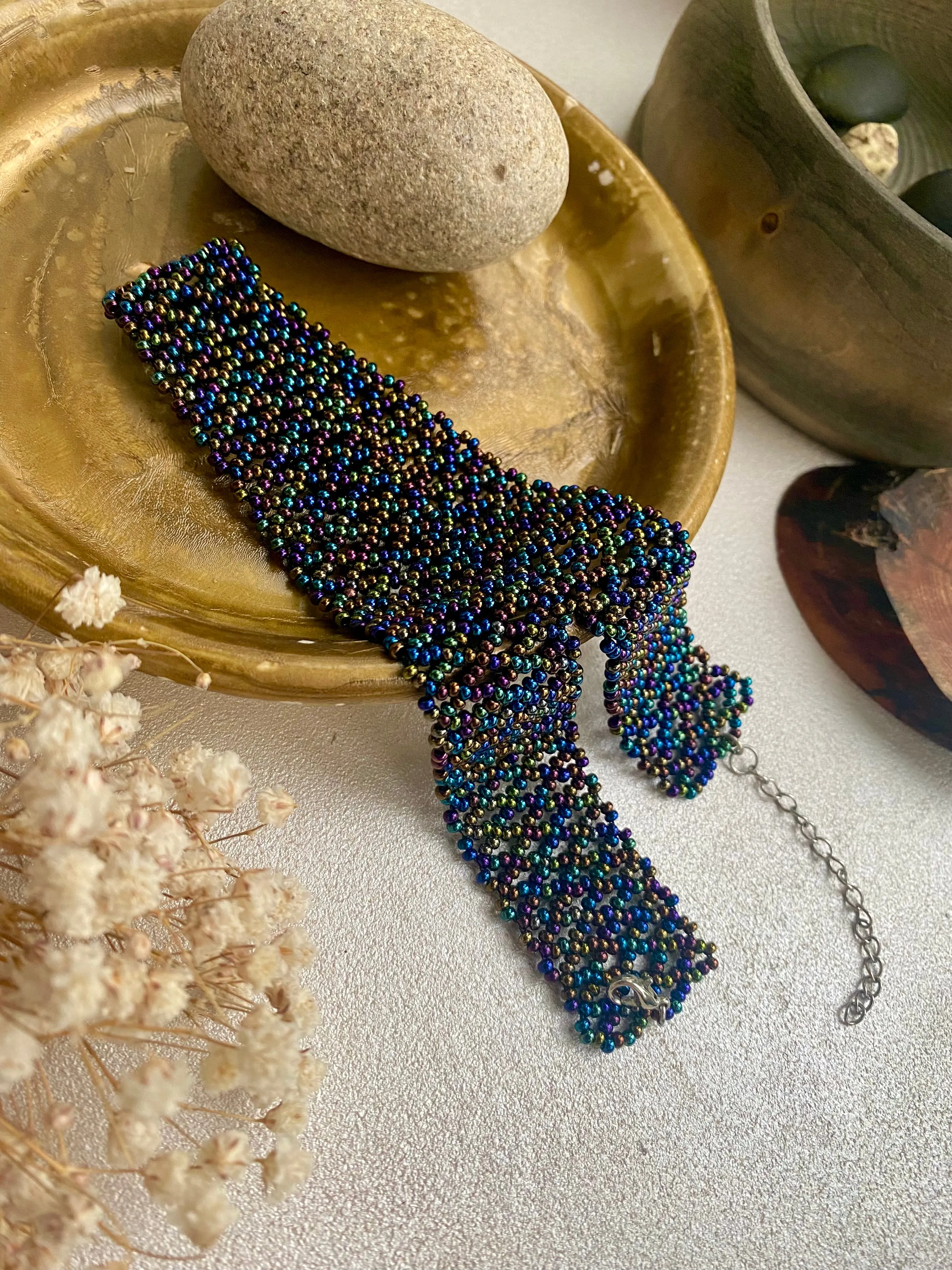 Wide Choker, Navy Blue Seed Bead Choker Collar, Thick Choker Necklace, Lace Choker, Dark Confetti  Choker, Boho Hippie Choker, Sexy choker